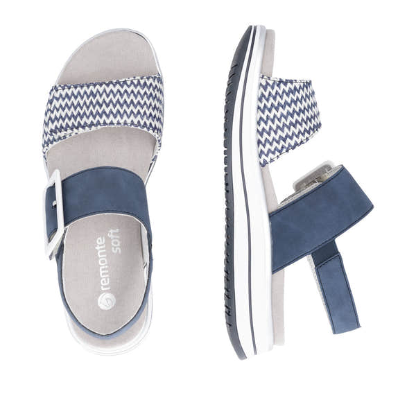 Remonte D1J53-14 Ladies Vegan Touch Fastening Sandals in Pacific/White with zigzag strap detail and cushioned insole.