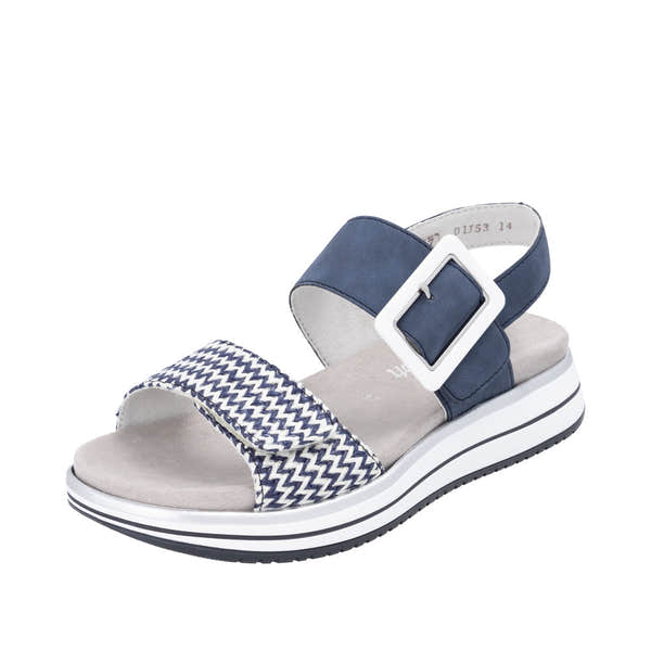 Remonte D1J53-14 women's vegan touch fastening sandals with navy and white design, cushioned footbed, and platform sole.