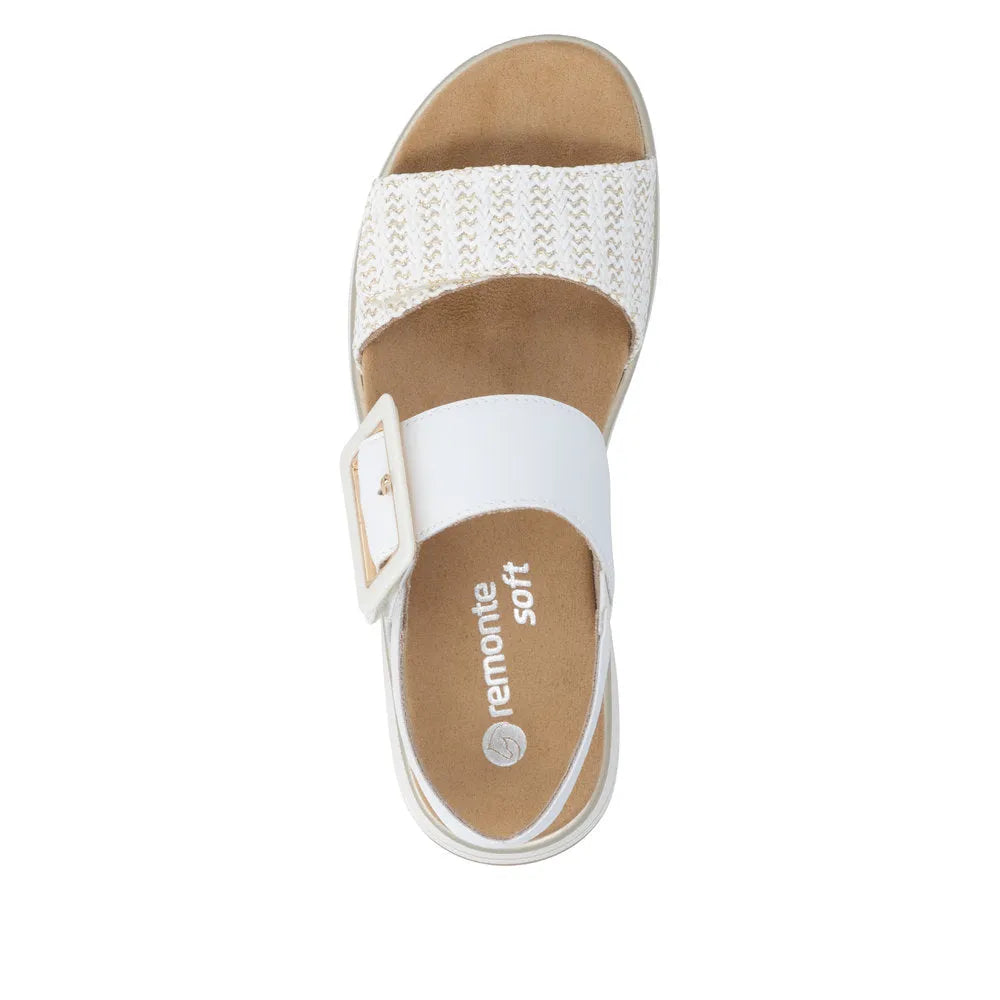 Remonte D1J53-81 women's white leather touch-fastening sandal with textured strap and buckle, cushioned insole.
