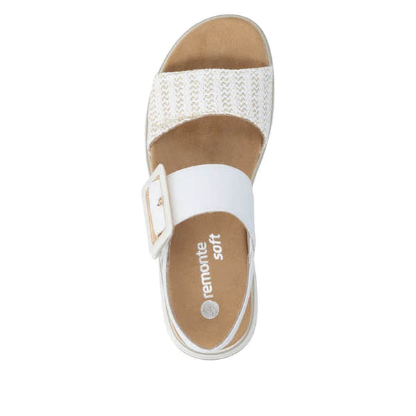 Remonte D1J53-81 women's white leather touch-fastening sandal with textured strap and buckle, cushioned insole.