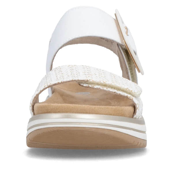 Remonte D1J53-81 women's white leather touch-fastening sandals with adjustable straps and beige sole.