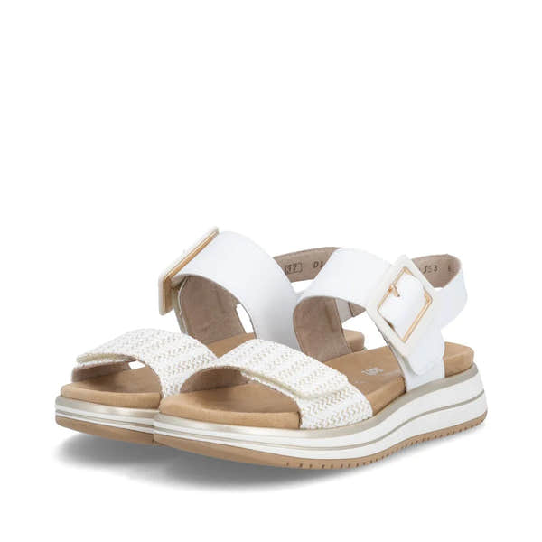 White leather women's sandals with touch fastening straps, woven front, cushioned sole, and chunky platform heel.