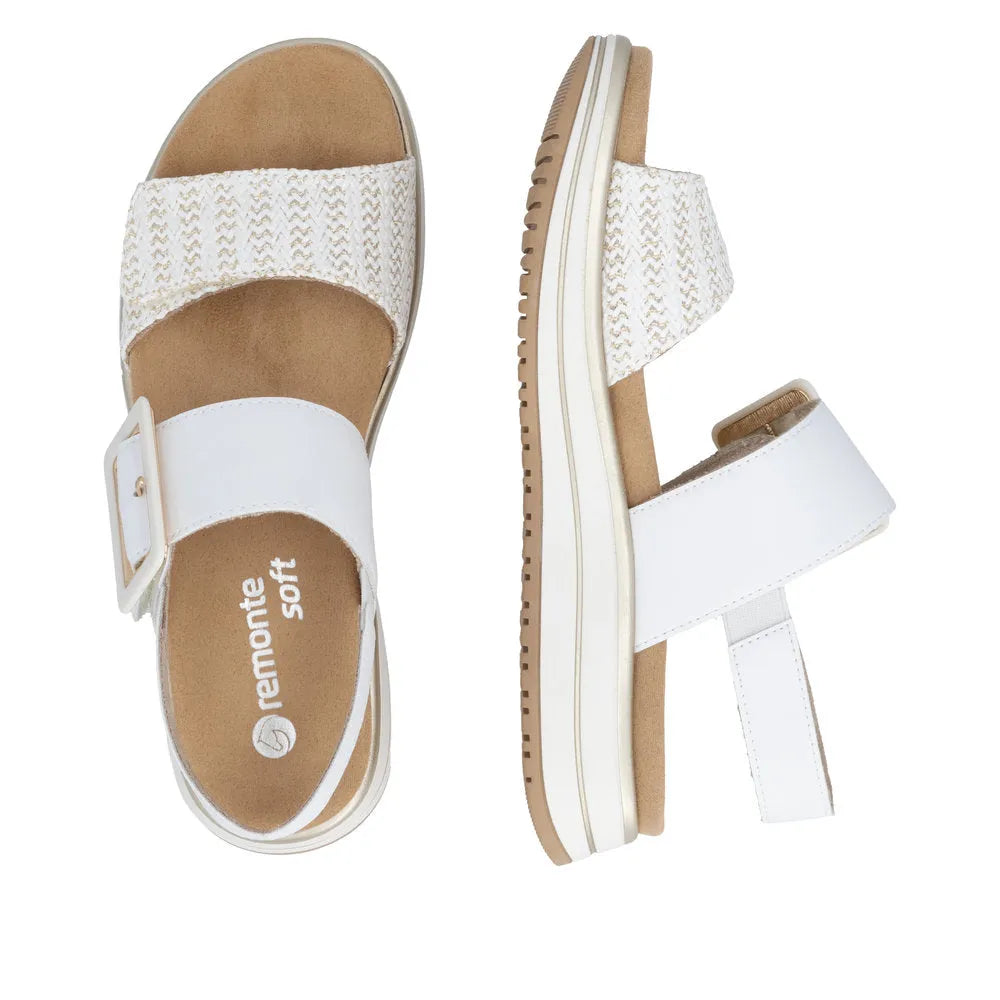 Remonte D1J53-81 women's white leather touch fastening sandals with woven strap and cushioned insole.
