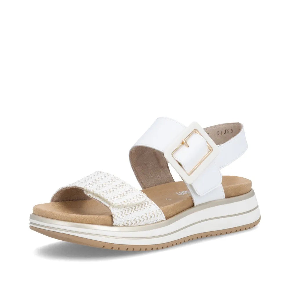 Remonte D1J53-81 women’s white leather touch fastening sandals with ankle strap and cushioned sole.
