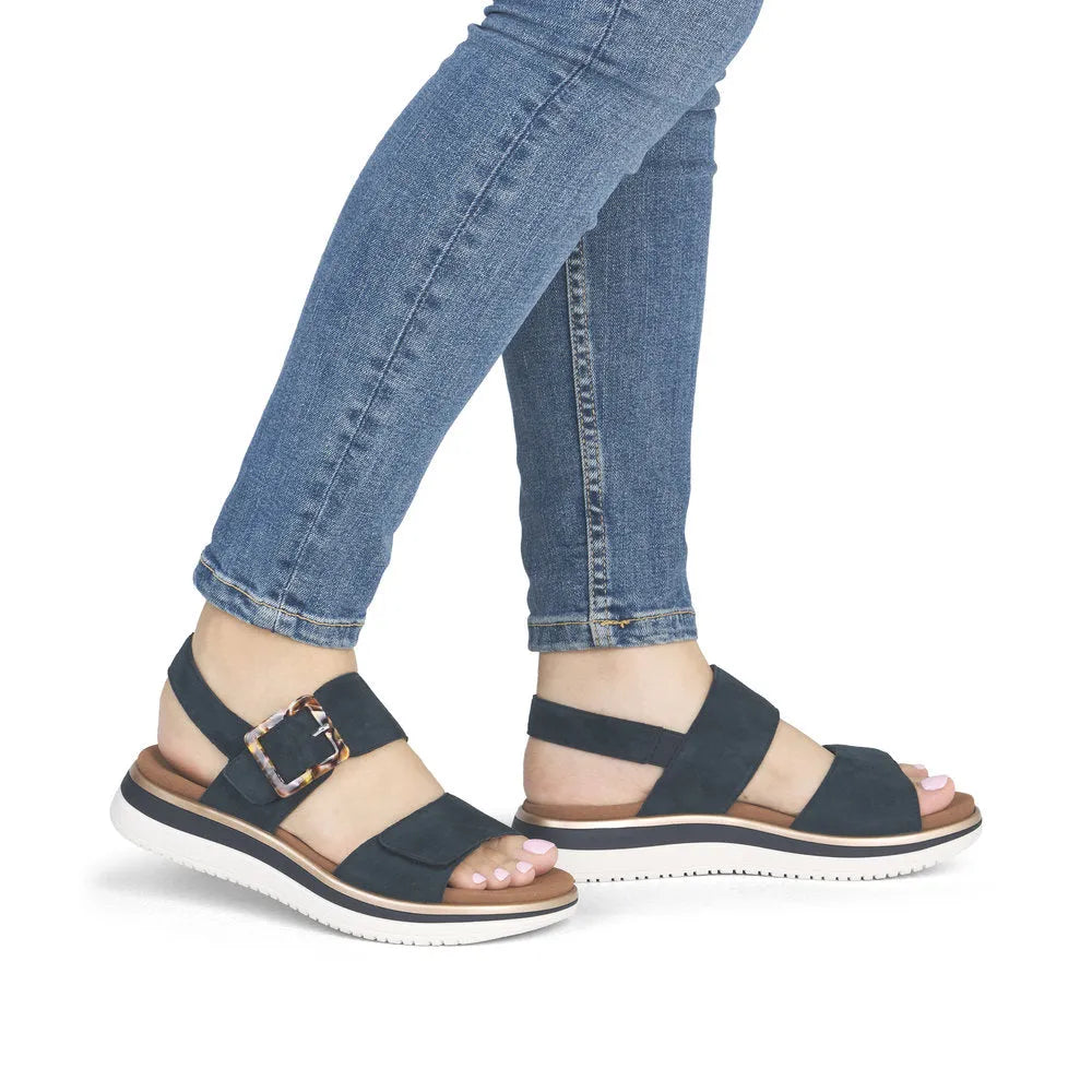 Remonte D1J62-14 Ladies Navy Suede Touch Fastening Sandals with chunky white sole and adjustable buckle strap.