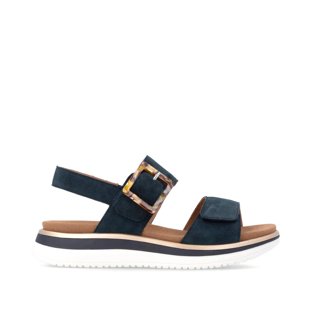 Remonte D1J62-14 ladies navy suede touch fastening sandals with adjustable straps and cushioned sole.