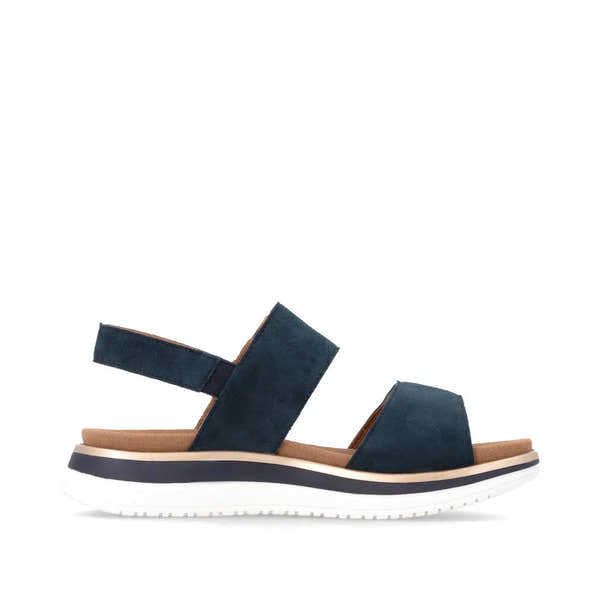 Remonte D1J62-14 Ladies Navy Suede Touch Fastening Sandals with straps and cushioned sole.