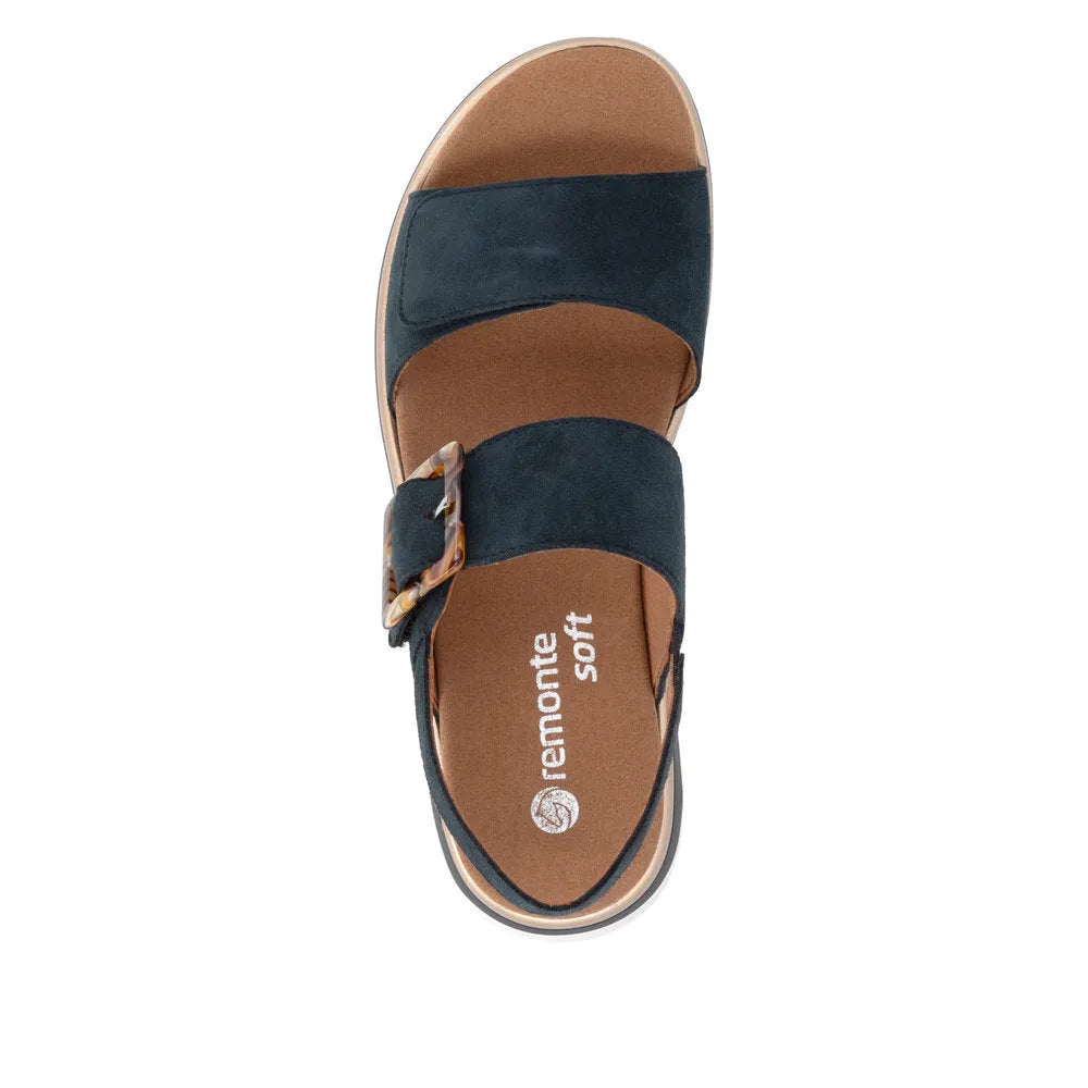 Remonte D1J62-14 women's navy suede touch fastening sandals with padded insole and stylish buckle detail.