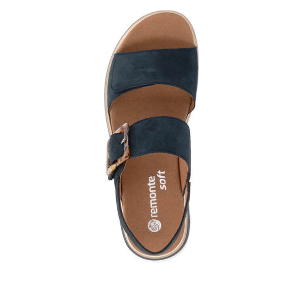Remonte D1J62-14 women's navy suede touch fastening sandals with padded insole and stylish buckle detail.