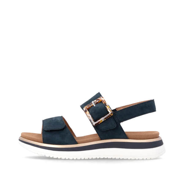 Remonte D1J62-14 Ladies Navy Suede Touch Fastening Sandals with buckle strap and cushioned sole.