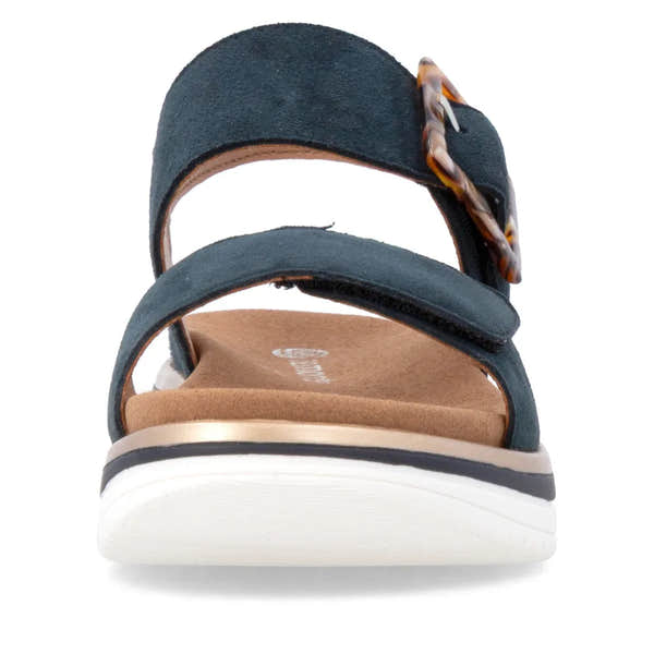 Remonte D1J62-14 women's navy suede touch fastening sandals with tortoise shell buckle, cushioned footbed, and white sole.