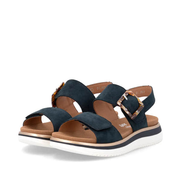 Remonte Ladies Navy Suede Touch Fastening Sandals with Buckle, cushioned footbed, and white sole, perfect for casual summer wear.