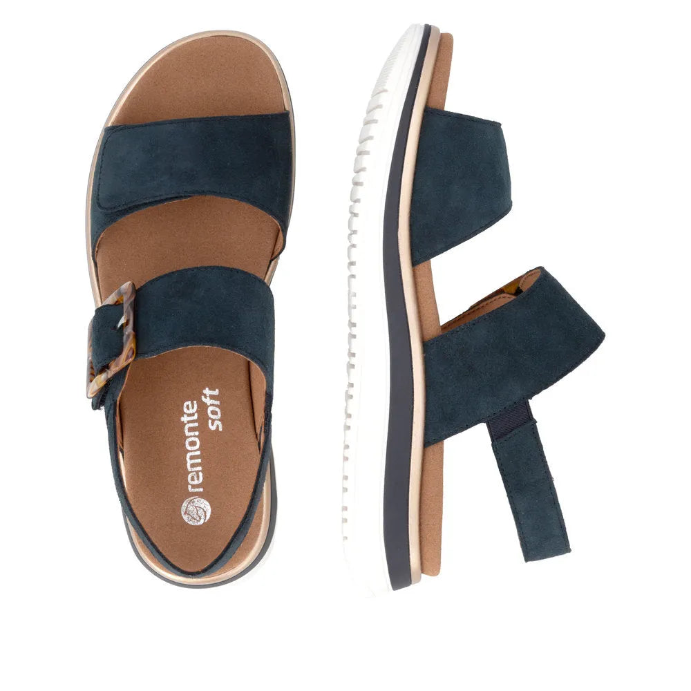 Remonte D1J62-14 ladies navy suede touch fastening sandals with buckles and cushioned footbed.
