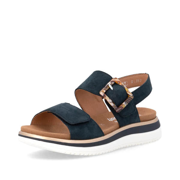 Remonte D1J62-14 women's navy suede sandals with touch fastenings, cushioned footbed, and sporty white sole.