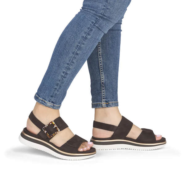 Remonte D1J62-25 Ladies Havana Brown Suede Sandals with adjustable touch fastening straps and chunky white sole.