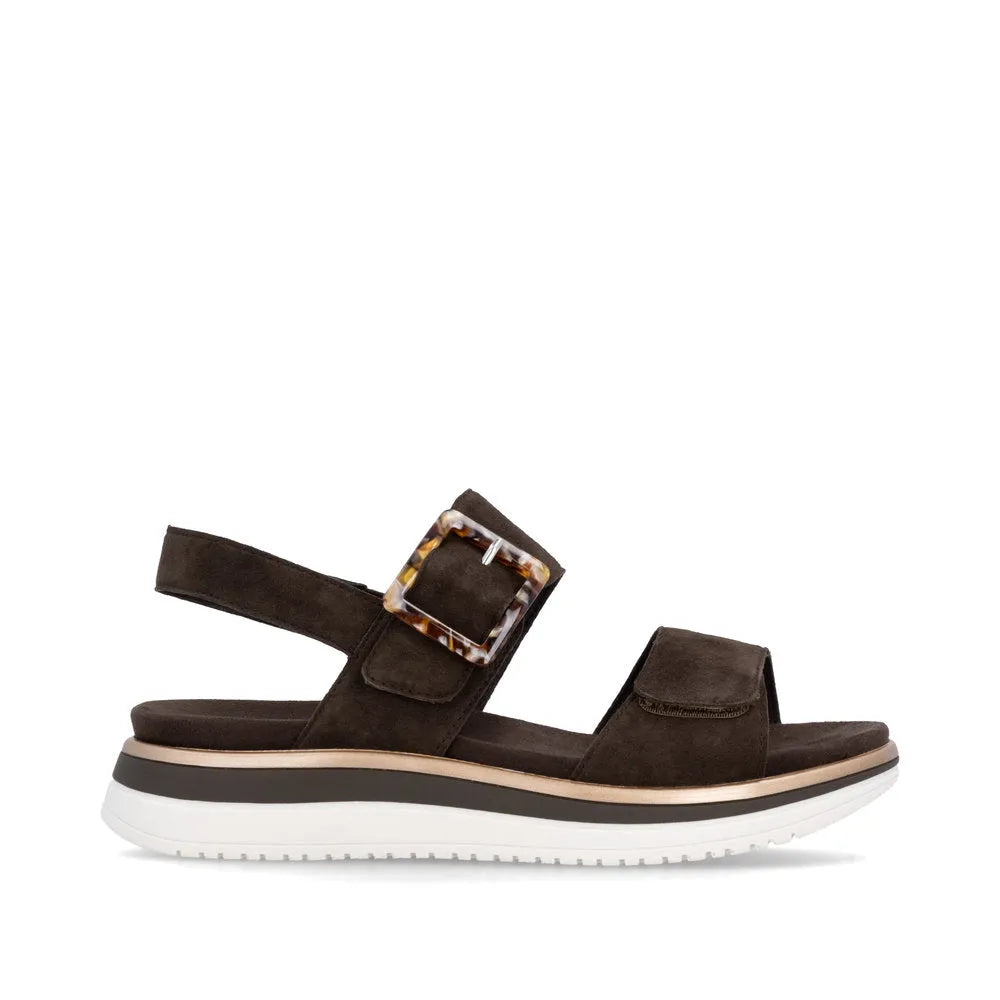 Remonte D1J62-25 Ladies Havanna Brown Suede Touch Fastening Sandals with chunky sole and buckle detail.