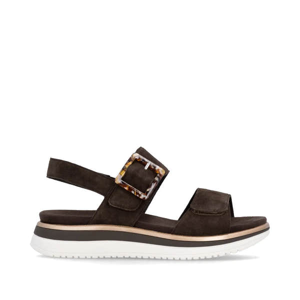 Remonte D1J62-25 Ladies Havanna Brown Suede Touch Fastening Sandals with chunky sole and buckle detail.