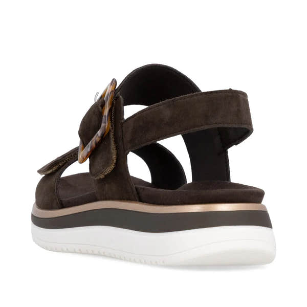 Remonte D1J62-25 women's Havana brown suede touch fastening sandals with chunky white and brown sole.