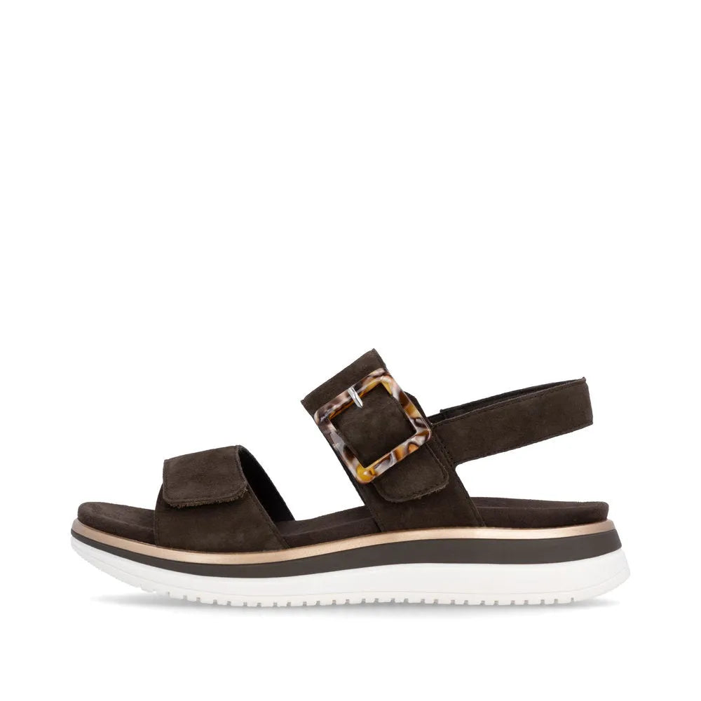 Remonte D1J62-25 ladies Havana brown suede sandals with touch fastening straps and chunky white sole.