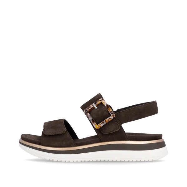 Remonte D1J62-25 ladies Havana brown suede sandals with touch fastening straps and chunky white sole.