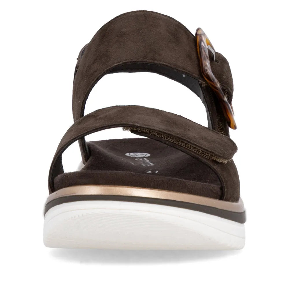 Remonte D1J62-25 Ladies Havana Brown Suede Touch Fastening Sandals with tortoise shell buckle detail.