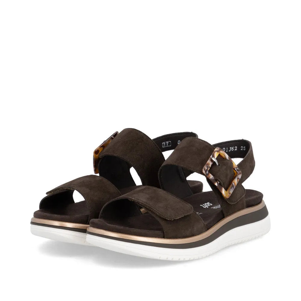 Remonte D1J62-25 women's Havana brown suede touch fastening sandals with buckle straps and white sole.