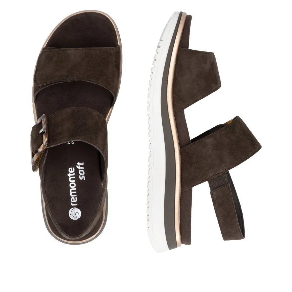 Remonte Ladies Havanna Brown Suede Touch Fastening Sandals with adjustable straps and cushioned sole.