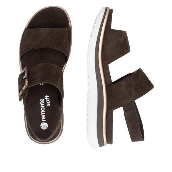 Remonte Ladies Havanna Brown Suede Touch Fastening Sandals with adjustable straps and cushioned sole.