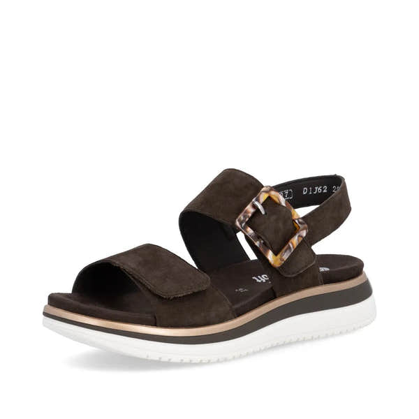 Remonte D1J62-25 women's Havana brown suede touch fastening sandals with buckle strap and white sole.