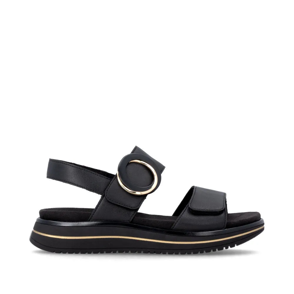 Remonte D1J63-00 women's black leather touch-fastening sandals with a gold-tone buckle and cushioned sole.