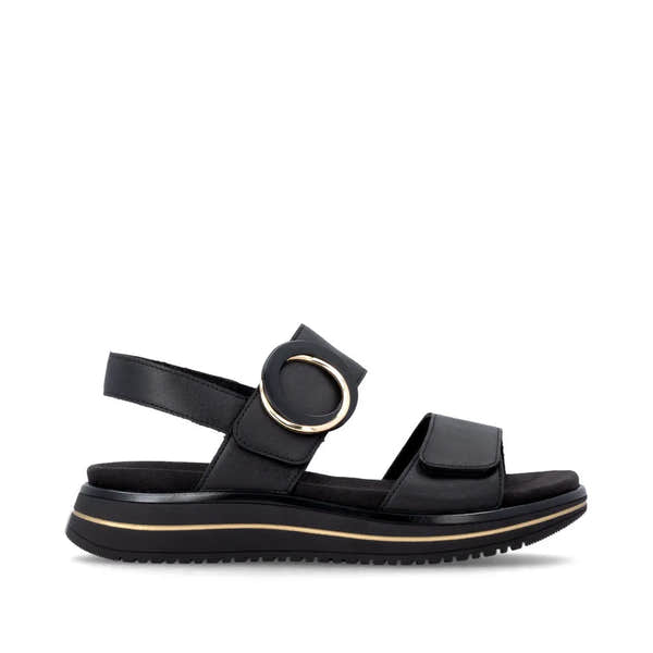 Remonte D1J63-00 women's black leather touch-fastening sandals with a gold-tone buckle and cushioned sole.