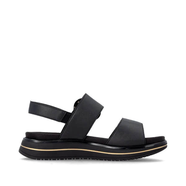 Remonte D1J63-00 women's black leather touch fastening sandals with cushioned sole and adjustable straps.