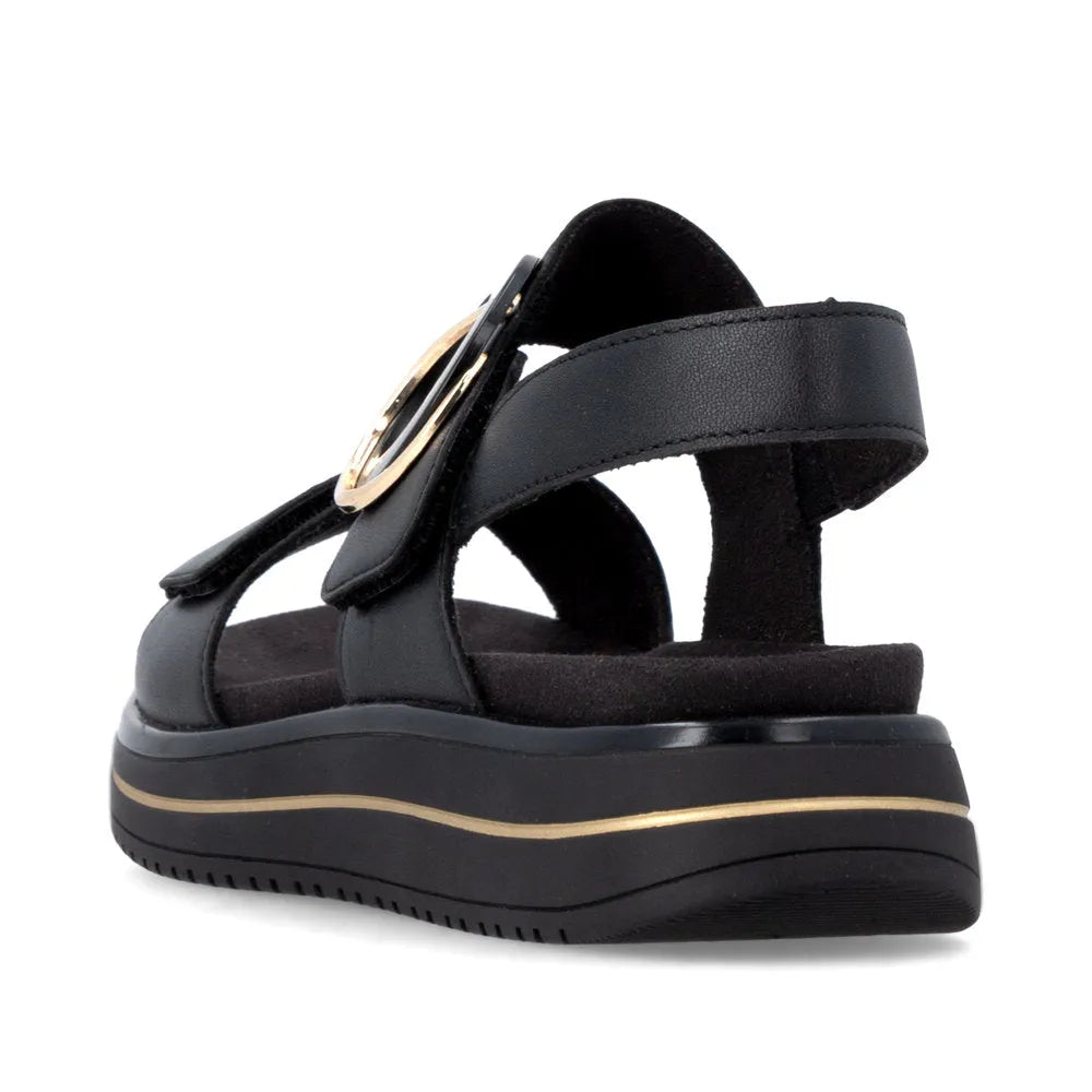 Remonte D1J63-00 women's black leather touch-fastening sandals with cushioned sole and stylish gold accents.