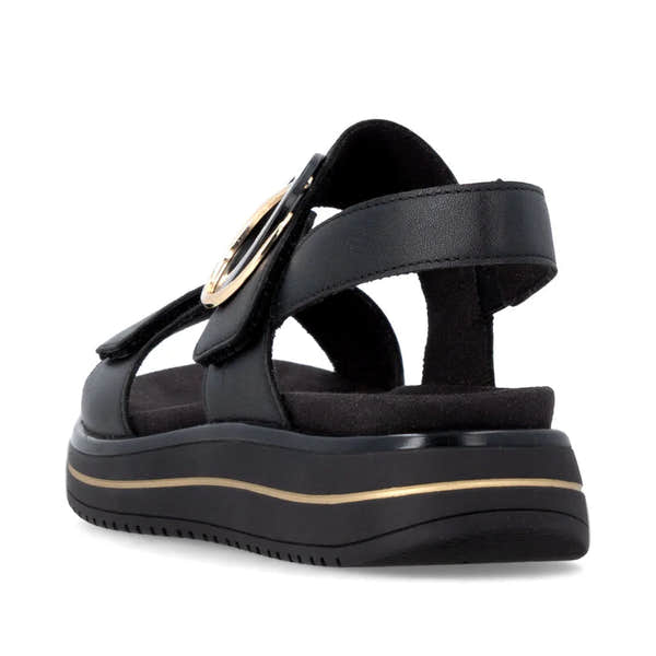 Remonte D1J63-00 women's black leather touch-fastening sandals with cushioned sole and stylish gold accents.