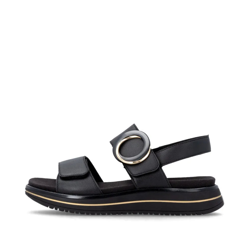Remonte D1J63-00 women's black leather touch fastening sandals with chunky sole and decorative buckle.