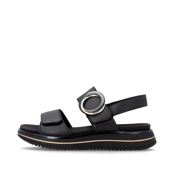 Remonte D1J63-00 women's black leather touch fastening sandals with chunky sole and decorative buckle.