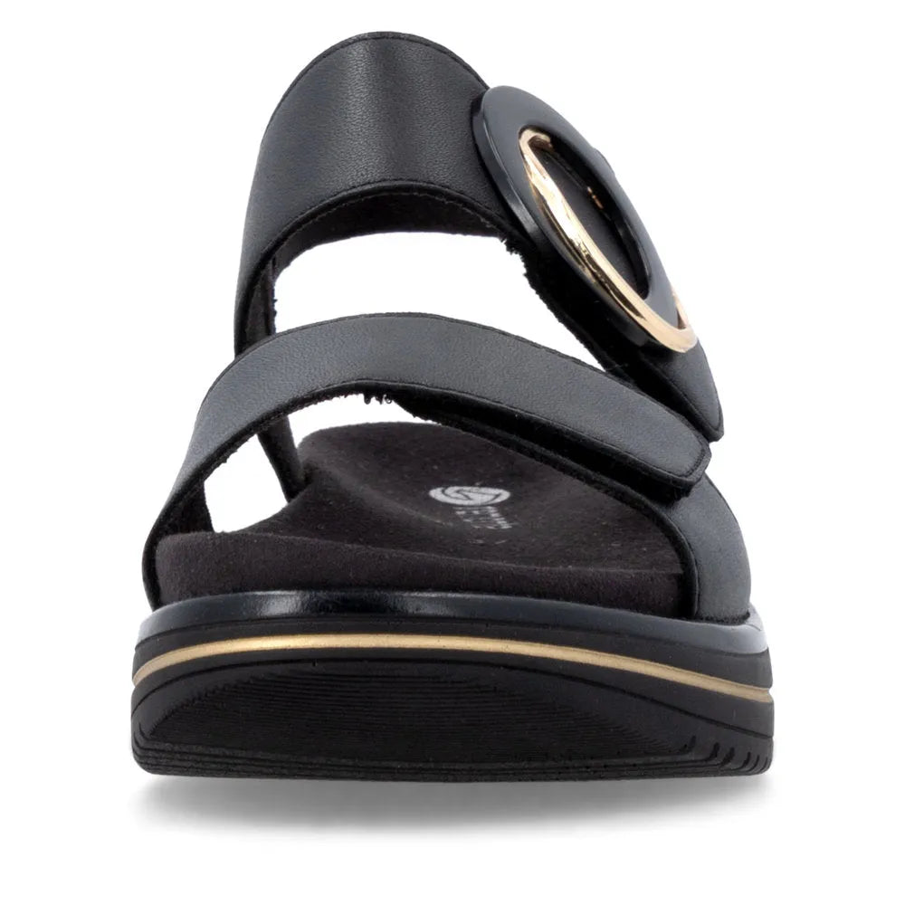 Remonte D1J63-00 women's black leather touch-fastening sandals with chunky sole and stylish metallic buckle detail.