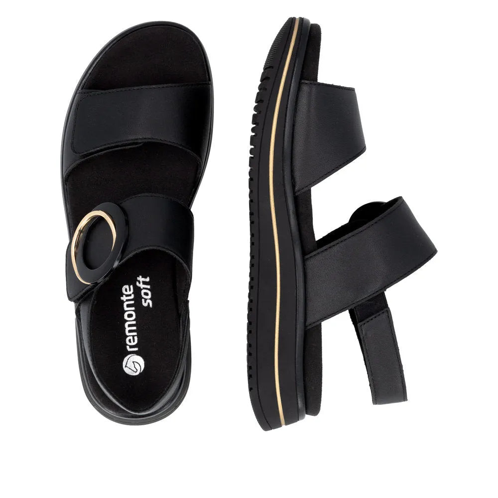 Remonte D1J63-00 Women's Black Leather Sandals with Touch Fastening Straps and Gold Ring Detail