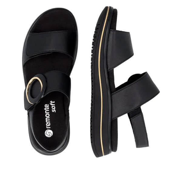 Remonte D1J63-00 Women's Black Leather Sandals with Touch Fastening Straps and Gold Ring Detail
