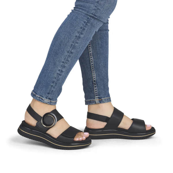 Remonte D1J63-00 women's black leather touch fastening sandals with adjustable straps and cushioned sole.