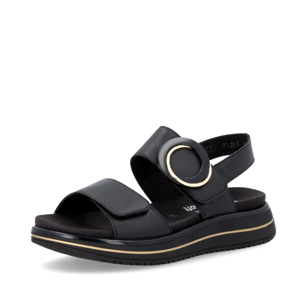 Remonte D1J63-00 women's black leather sandals with touch-fastening straps and decorative buckle, cushioned sole, and sporty outsole.