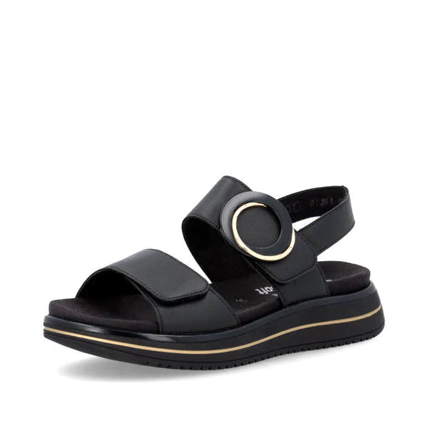 Remonte D1J63-00 women's black leather sandals with touch-fastening straps and decorative buckle, cushioned sole, and sporty outsole.