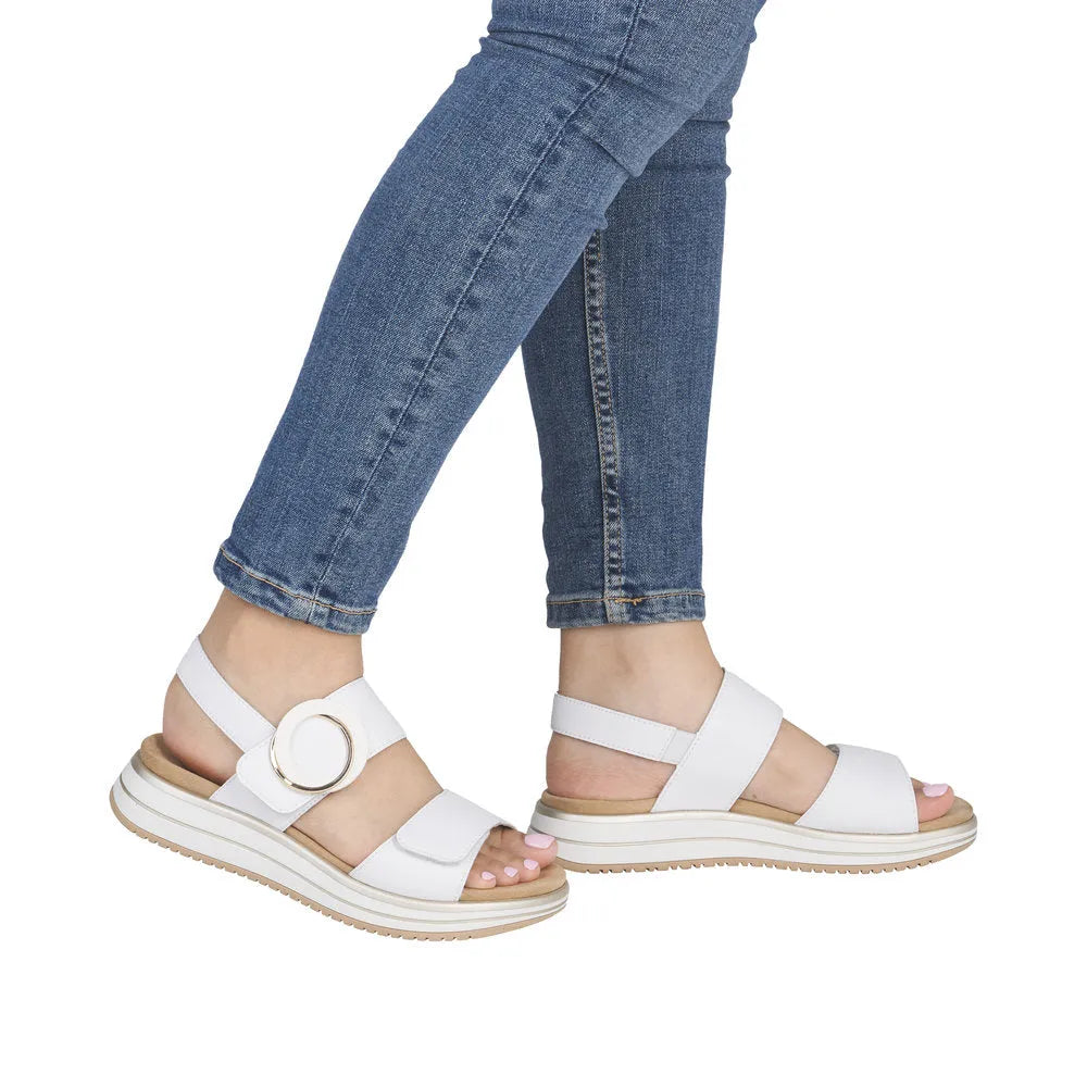 Remonte D1J63-80 women's white leather touch fastening sandals with strap and circular buckle, flat sole, casual style.