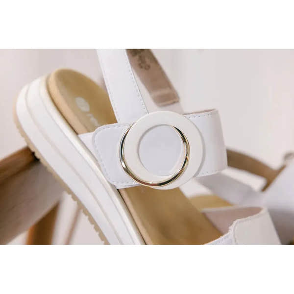 Remonte D1J63-80 women's white leather touch fastening sandals with circular buckle detail.