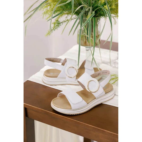 Remonte D1J63-80 women's white leather sandals with touch fastenings, open toe, cushioned sole, and stylish circular buckle details.