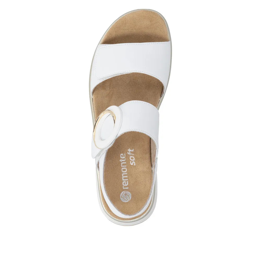 Remonte D1J63-80 white leather ladies touch fastening sandals with cushioned insole and gold ring detail.