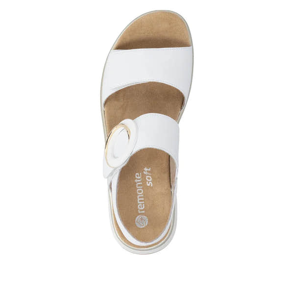 Remonte D1J63-80 white leather ladies touch fastening sandals with cushioned insole and gold ring detail.