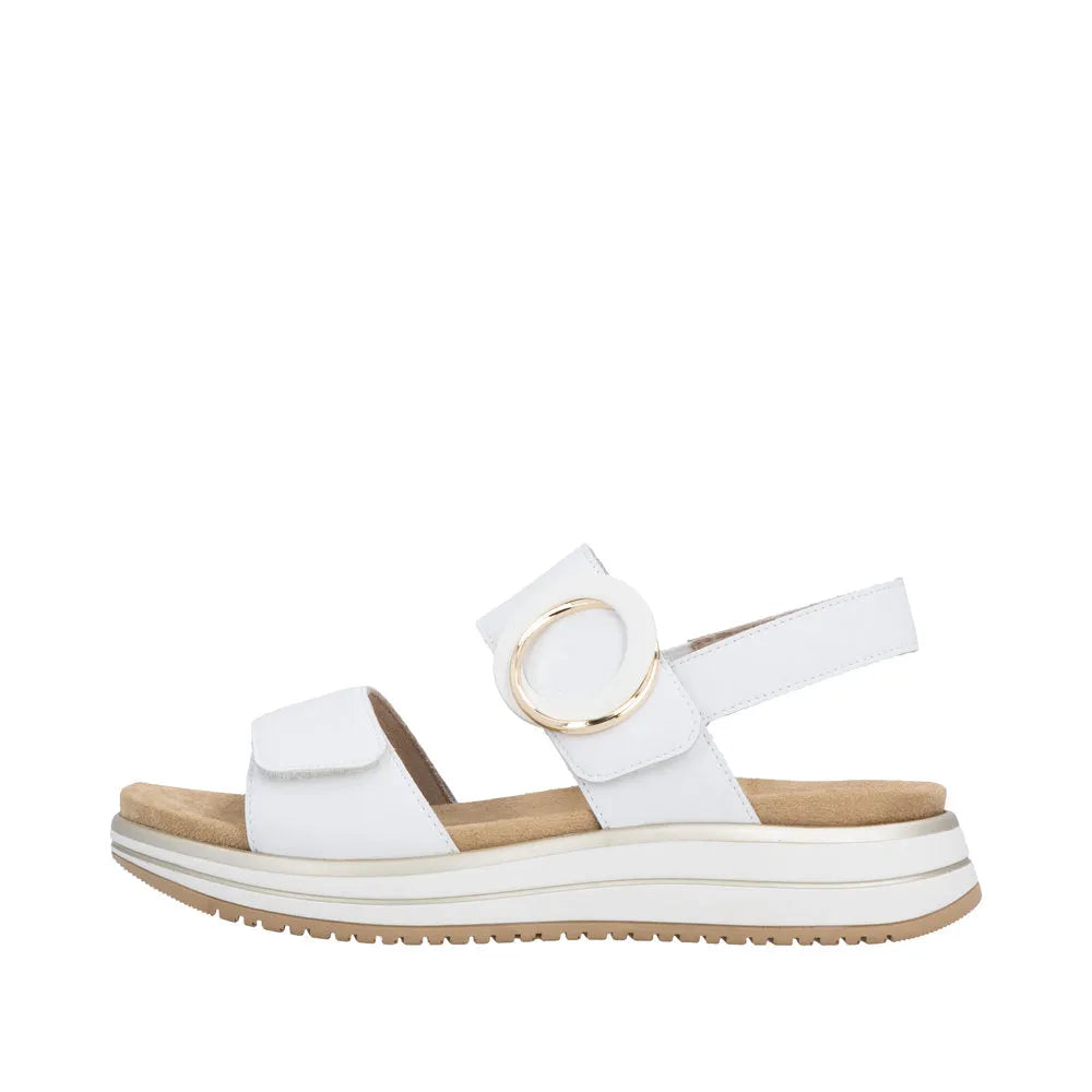 Remonte D1J63-80 women's white leather touch fastening sandals with wedge sole and gold ring detail.