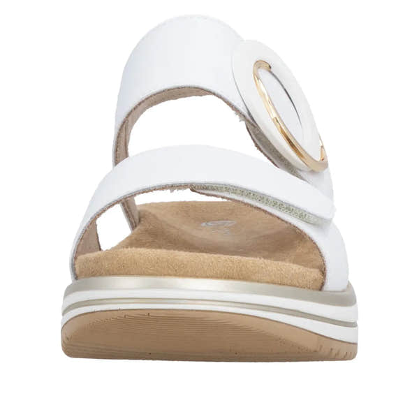 Remonte D1J63-80 women's white leather touch fastening sandals with gold buckle and cushioned sole.