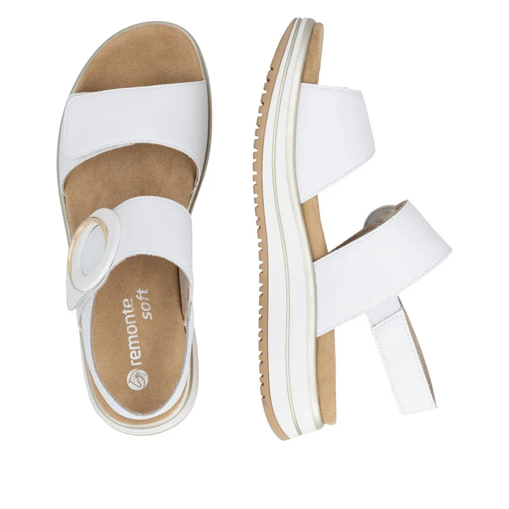 White leather ladies sandals with touch fastening straps and chunky sole, Remonte D1J63-80.